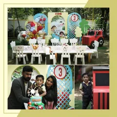 A charming farm-themed party for Atharva's 3rd birthday. This collage shows the outdoor kids' dining area, a red tractor prop, and the family enjoying the barnyard celebration.