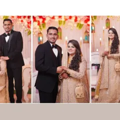 A beautiful collage from a wedding reception, showcasing different poses and moments. This is an example of how we design our stylish and modern wedding albums.