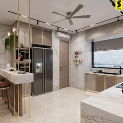 This wide shot shows the full scope of the kitchen, including the breakfast bar with decorative shelving and the ample storage solutions. The space is both beautiful and practical.
