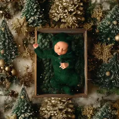 A festive Christmas portrait to celebrate baby's first holiday season. This cozy setup, surrounded by miniature pine trees, creates a magical winter wonderland scene.