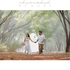 A couple runs hand-in-hand through a misty, tree-lined path, creating a dreamy and romantic atmosphere. The text overlay "cherished memory" perfectly describes the moment.