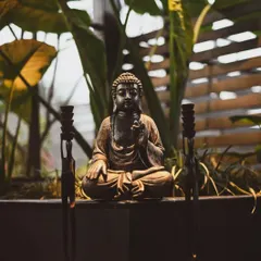 A close-up of a bronze Buddha statue in a meditative pose. Placed within a planter and surrounded by greenery, it creates a powerful focal point that radiates calmness and serenity.