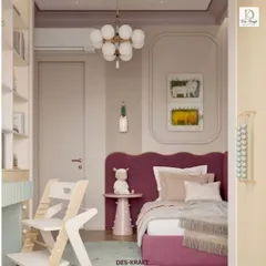 A wider view of the room, showing how the study area and bed are thoughtfully arranged to maximize space while maintaining a cohesive and stylish look.