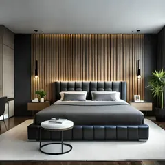 A modern bedroom design featuring a fluted wood panel behind a tufted leather headboard. The room includes a sleek work desk, making it a perfect multi-functional space for a contemporary home.