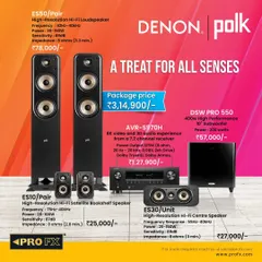 A treat for all senses. This home theater package combines Polk's Signature Elite speakers, including the ES50 towers and a DSW PRO 550 subwoofer, with a Denon AVR-S970H 8K receiver for a hyper-realistic sound experience.