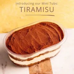 Our classic Tiramisu, now available in a convenient mini tub that serves one to two people. Perfect for a dessert on the go.