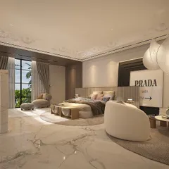 We designed this expansive bedroom with a palette of soft neutrals and whites, set against a gleaming marble floor. The space includes a lounge area with statement art and a dedicated study nook, creating a complete, self-contained suite.