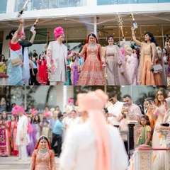 The bride's grand entrance, celebrated with cold pyros held by her family. Below, the groom's first look at his bride is filled with emotion.