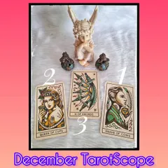 This image reveals the three cards for the December 2023 TarotScope: the Knave of Coins, the Queen of Cups, and the 6 of Swords. Each card offers a different message for the month.