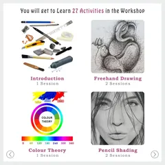 The workshop curriculum also covers the fundamentals, including an introduction to art materials, color theory, freehand drawing, and pencil shading, providing a strong foundation for your artistic journey.