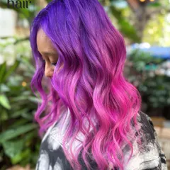 Channeling our inner My Little Pony with this magical purple-to-pink ombre melt. This vivid look required a bleach and tone process to make the colors pop.