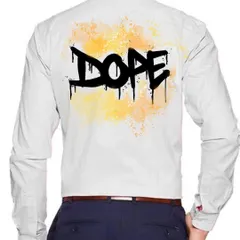 This is the back view of the "DOPE" shirt, featuring a graffiti-style design with a yellow spray-paint effect. It's a great example of the streetwear aesthetic I can create.