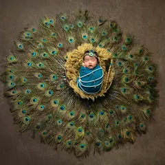 Creating a touch of magic with my popular Krishna-themed newborn session. This wide-angle shot shows the beautiful setup with a full display of peacock feathers, turning your baby's first portraits into a divine work of art.