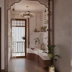 This mandir is seamlessly integrated into a bedroom, framed by an ornate wooden arch with jali work. The design creates a soulful dimension, bathed in natural light from the adjacent balcony door.