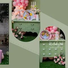 A collage showcasing the personalized details from a modern birthday party. It features custom-framed photos of the birthday girl and elegant floral arrangements on a vintage-style green dresser.