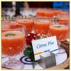 A tray of our "Citrus Plus" mocktail, a tangy and refreshing fruit drink garnished with a mint leaf, served in elegant cut-glass tumblers.