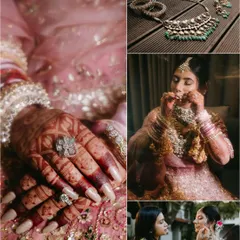 A collage of bridal details, focusing on her henna-covered hands, stunning ring, jewelry, and the final touches of her makeup.