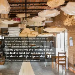 A quote from the founder of Oorjaa, a paper-making studio we designed, reflecting on two decades in one of Bangalore's first green buildings. The space, with its sun-soaked interiors and exposed brick, was designed to foster creativity and sustainable practice.