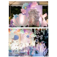 A two-part image showing our stunning mermaid backdrops, one with a giant light-up seashell and the other with a dreamy, ethereal underwater scene.
