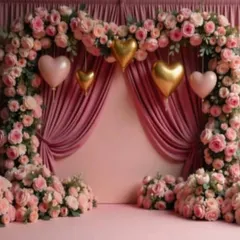 I can create a dreamy, romantic atmosphere with lush floral arches. This design uses shades of pink roses and hanging heart balloons to frame the stage, perfect for an engagement or anniversary celebration.