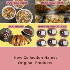 A quick look at our product lineup. We offer meals in convenient boxes or vacuum-packed daily packs, along with a variety of natural dog treats and bone broths.