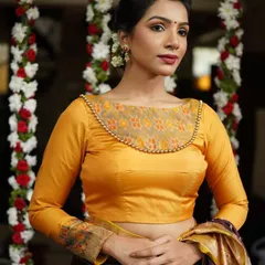 This yellow long-sleeved blouse features a sheer neckline panel with beadwork and printed cuffs, offering a blend of tradition and modernity.