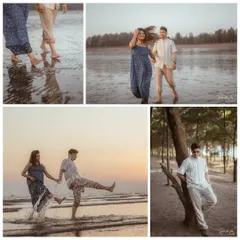 A collection of fun and carefree moments from a beach pre-wedding session. Splashing in the waves and walking barefoot on the sand, these photos are all about celebrating love with joy.