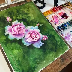 A watercolor painting of pink roses from an online flower painting workshop. The focus was on creating soft, delicate petals and a lush, out-of-focus background.