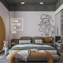 An outer space-themed bedroom for an aspiring astronaut. The design includes a custom bed, a "Think Outside The Box" neon sign, and a wardrobe with glass doors.