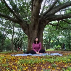 Me, sitting under a magnificent tree during one of my park yoga sessions. The ground was covered in yellow flowers, and it was a beautiful morning to connect with nature and community.