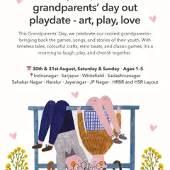 Our Grandparents' Day playdate is a celebration of art, play, and love. This poster invites families to join us for timeless tales, retro games, and classic crafts.