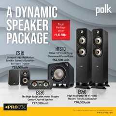 We assemble dynamic speaker packages for a complete home theater. This Polk Signature Elite system includes ES50 tower speakers, ES10 surround speakers, an ES30 center channel, and an HTS10 subwoofer for a cohesive, high-resolution audio experience.
