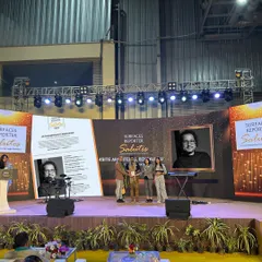 A wider view of the stage at the Surfaces Reporter Salutes event, where our firm was recognized for its contribution to architecture in Southern India.