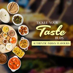 Tickle your taste buds with my authentic Indian flavors. This image shows a complete meal with various curries, dal, rice, roti, and even dessert.