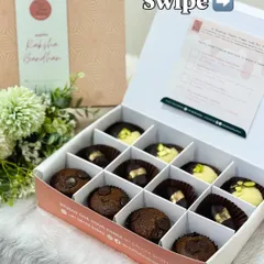 A closer look at one of my Rakhi gift boxes, featuring a mix of chocolate chip muffins and pistachio-topped treats. Each item is made in small batches to ensure freshness and quality for your festive gifting.