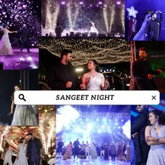 A snapshot of a sangeet night filled with incredible performances. This collage captures the energy of the couple's dance, group numbers, and the grand finale, all set on a professionally lit stage with pyrotechnics.