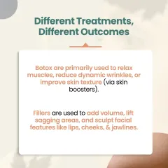 This graphic explains the different outcomes. Botox is primarily used to relax muscles and reduce dynamic wrinkles. Fillers are used to add volume, lift sagging areas, and sculpt features like the lips, cheeks, and jawline.