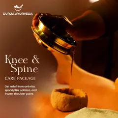 Our Knee & Spine Care Package provides targeted relief for conditions like arthritis, spondylitis, and sciatica. This image shows the application of warm medicated oil in a Vasti treatment, a cornerstone of our pain management therapies.