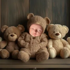 This adorable newborn is dressed as a teddy bear, nestled safely among a lineup of plush teddy friends. It's a perfect example of a themed newborn session that is both cute and timeless.