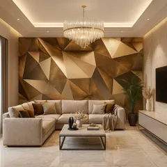 This living room features a bold geometric wallpaper with a 3D effect in shades of bronze and gold. It creates a powerful and contemporary accent wall.