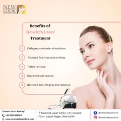 The Q-Switch laser is one of our most effective tools for pigmentation issues. This graphic outlines its key benefits, including stimulating collagen, improving skin texture, and removing unwanted tattoos or dark spots.
