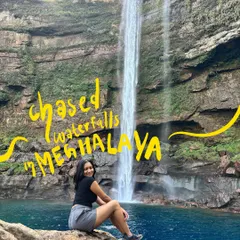 Chasing waterfalls in Meghalaya. I love using bold, handwritten text to highlight the location and add a fun, adventurous feel to travel shots.