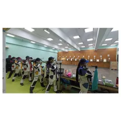 My shooters at the Vashi Centre preparing for the KSS competition. The wide-angle shot shows a full line of athletes in their shooting jackets, all aiming in unison, which speaks to the discipline and collective focus of my high-performance teams.