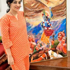 Recreating the Govardhan Leela for a Hare Krishna temple was a deeply spiritual project for me. This painting tells a story, capturing the moment of divine protection with many figures and details, showcasing my ability to handle large, narrative-driven commissions.