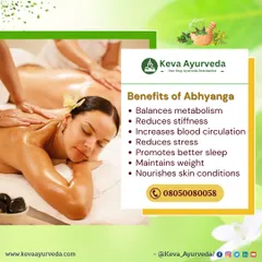 This image explains the key benefits of Abhyanga, our full-body Ayurvedic oil massage. The therapy helps to balance metabolism, reduce stiffness and stress, increase blood circulation, and deeply nourish the skin.