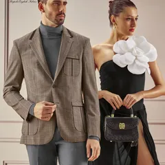 A high fashion campaign look. I created a sophisticated and elegant makeup look for the female model, featuring a sharp red lip and a sleek updo to complement the luxurious formal wear.