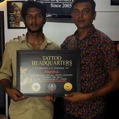 Another successful student from our April batch, Harsha, receiving his official Tattoo Headquarters course completion certificate from our lead instructor.