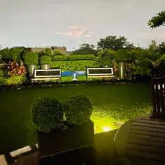 A view of my terrace garden at night. The strategic use of landscape lighting highlights the sculpted topiaries and the two white benches, creating a magical and inviting atmosphere against the dark sky.