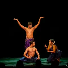 A scene from 'ĀBHA', our retelling of the Ramayana. This trio performance with Shruti Gopal and Adithya PV is a blend of individual expression and synchronized group choreography.