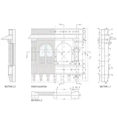 This is the detailed architectural drawing for the jharokhas used in the Shiv Mishthan Bhandar interior. The design process involved engaging skilled craftsmen from Rajasthan to execute these traditional elements.